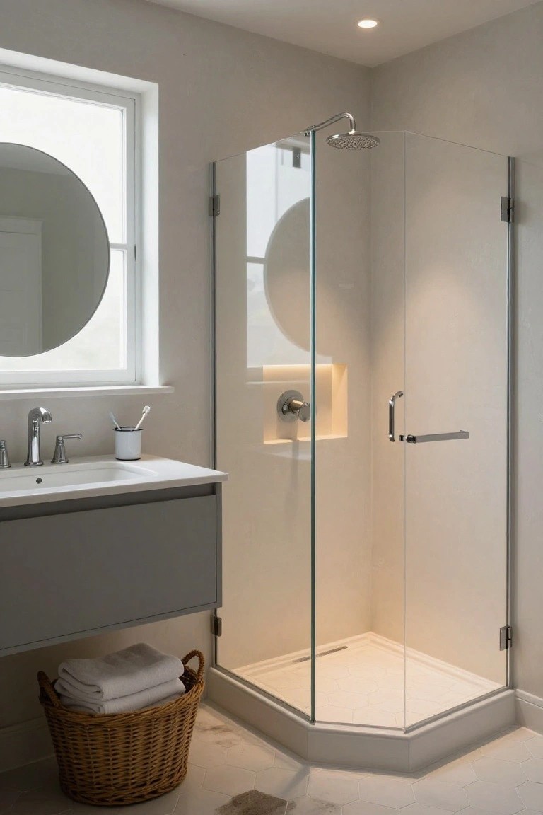 Small modern bathroom with clear glass corner shower enclosure featuring a backlit recessed niche, round wall mirror, gray vanity with white sink and chrome faucet, toothbrushes in white mug, and stacked white towels in wicker basket on tiled floor.
