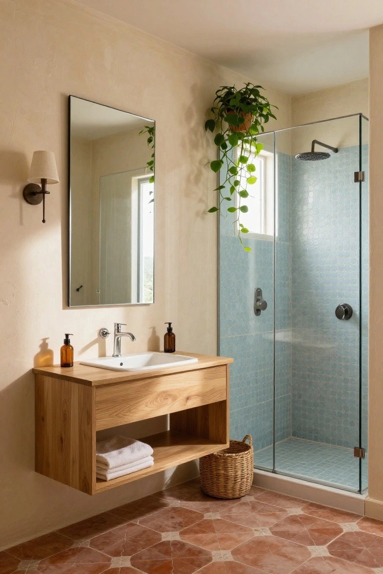 Modern bathroom with wooden vanity, blue-tiled shower, and terracotta floor.