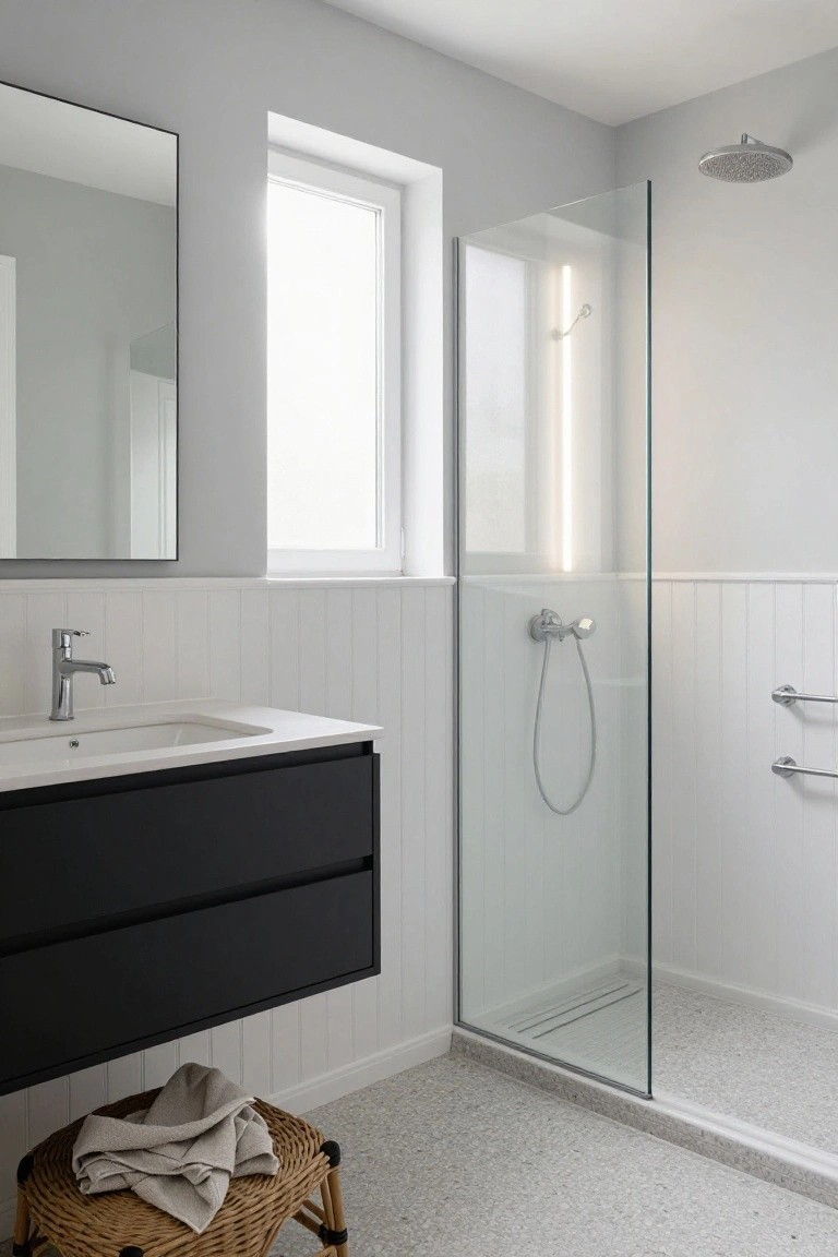 Small modern bathroom with glass shower enclosure featuring a vertical LED light strip beside it, white wainscoting on walls, black floating vanity with sink, mirror above, window, and speckled tile floor.