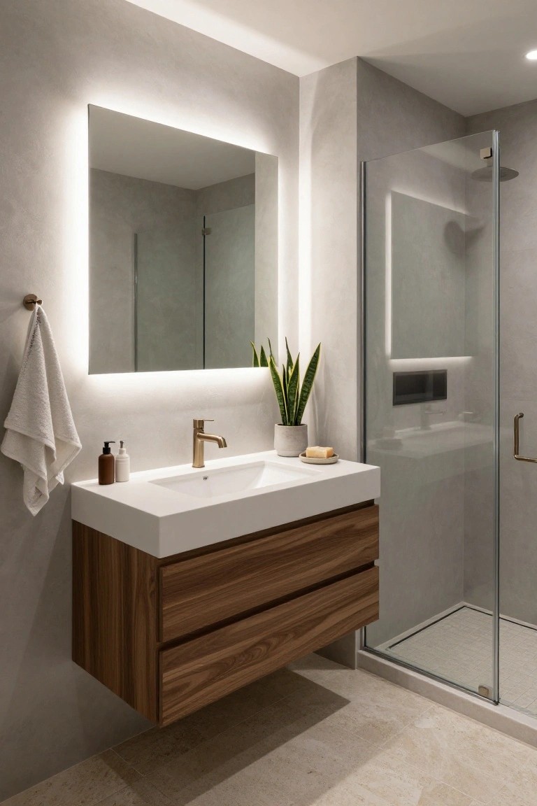 Modern bathroom with backlit rectangular mirror above floating white sink on walnut cabinets, glass shower enclosure, gray textured walls, potted snake plant, and light tile floor.