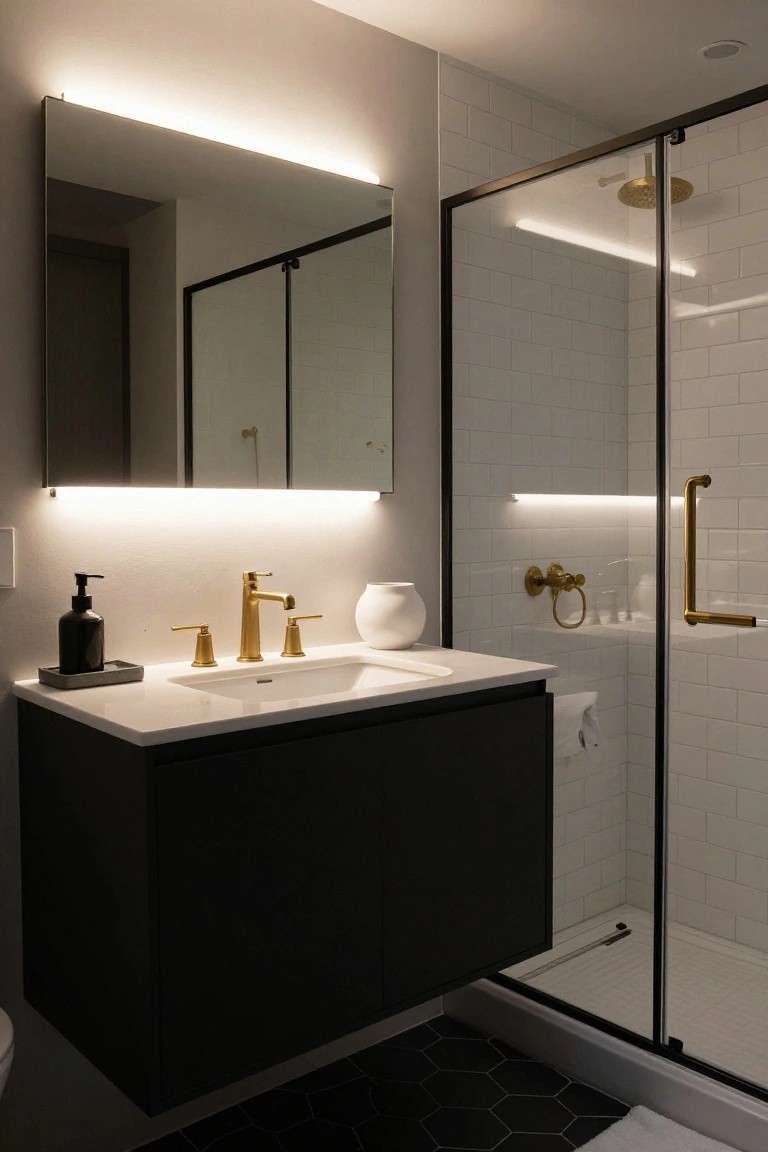 Frameless bathroom mirror with LED backlight strip along the top edge above a black wall-mounted vanity, white sink, gold faucet, glass shower enclosure with white subway tile walls, and black hexagonal floor tiles.