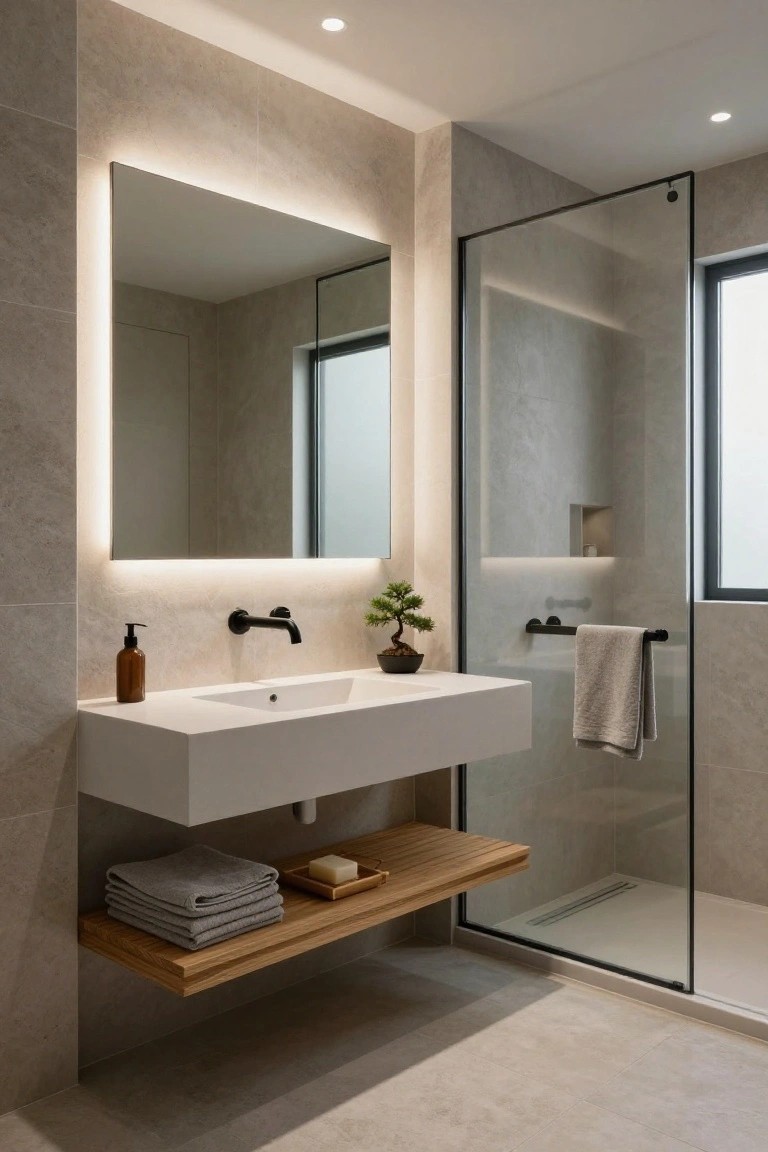 Modern bathroom with large rectangular mirror featuring LED backlighting along edges, floating white sink with black wall faucet, small bonsai plant on sink, glass shower enclosure, wooden shelf below sink holding towels and soap dish, light gray tiled walls and floor.