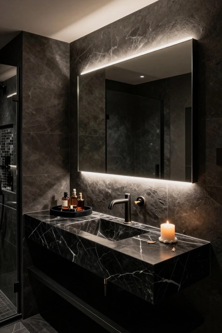 Modern black marble bathroom vanity with backlit mirror and lit candle.