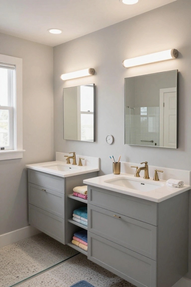 A bathroom with two floating gray vanities holding white sinks and gold faucets, large mirrors flanked by horizontal white cylindrical sconces, a wall clock, toothbrush holder, folded towels, and a glass shower door.