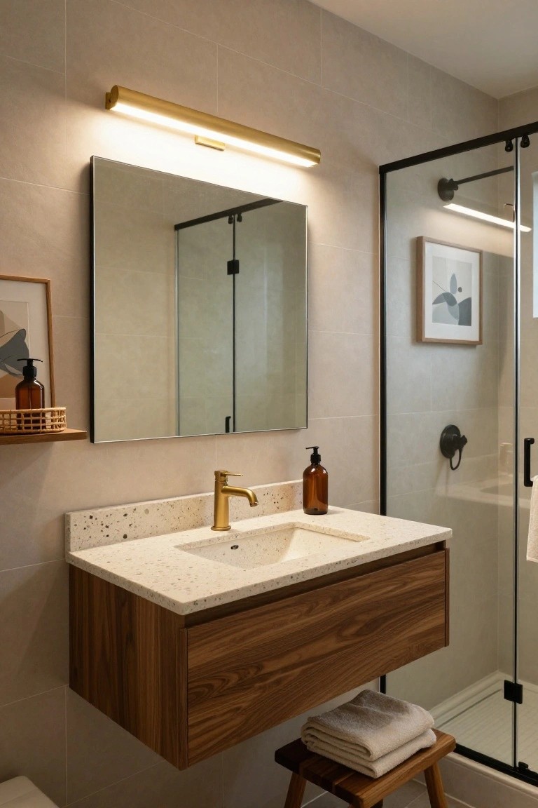 Beige tiled bathroom with floating walnut vanity, terrazzo sink countertop, gold linear LED wall light above rectangular mirror, glass shower enclosure, and wood stool with towels.