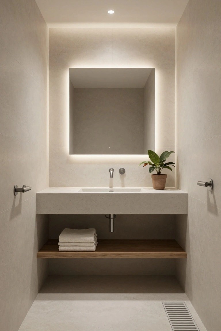 Minimalist bathroom with beige tiled walls and floor, a rectangular backlit mirror above a white floating vanity sink, a potted green plant next to the faucet, folded white towels on a wooden shelf underneath, and grab bars on either side.