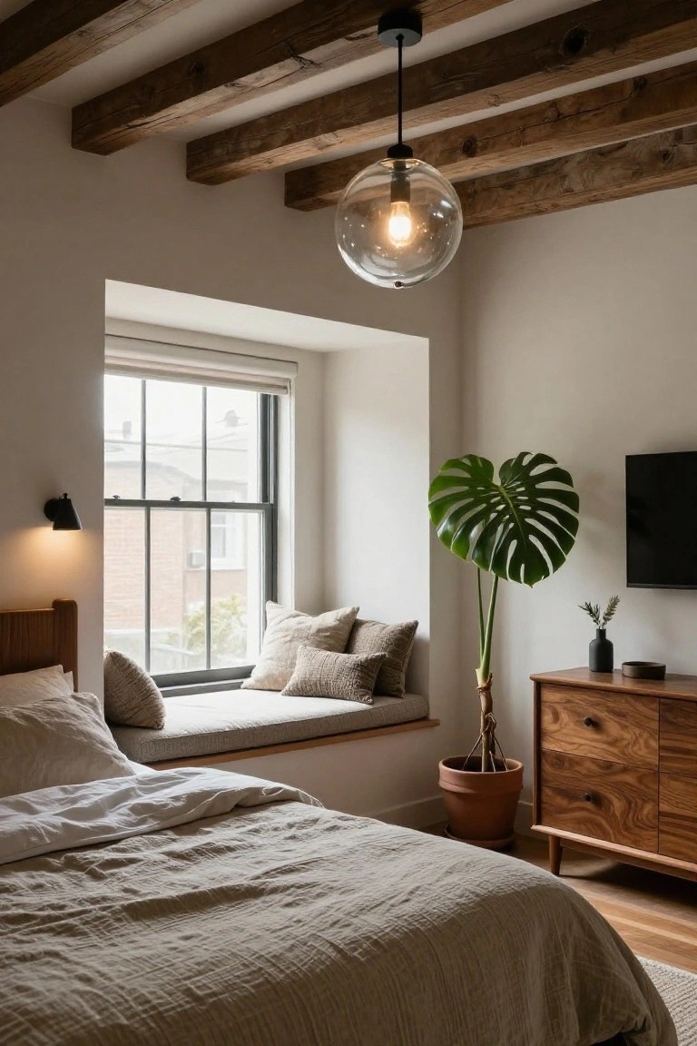 Bedroom interior featuring high exposed wood beam ceiling with a large clear glass globe pendant light hanging centrally, window seat with beige cushions, monstera plant in terracotta pot, wooden dresser, black TV on wall, and bed with white linen bedding.