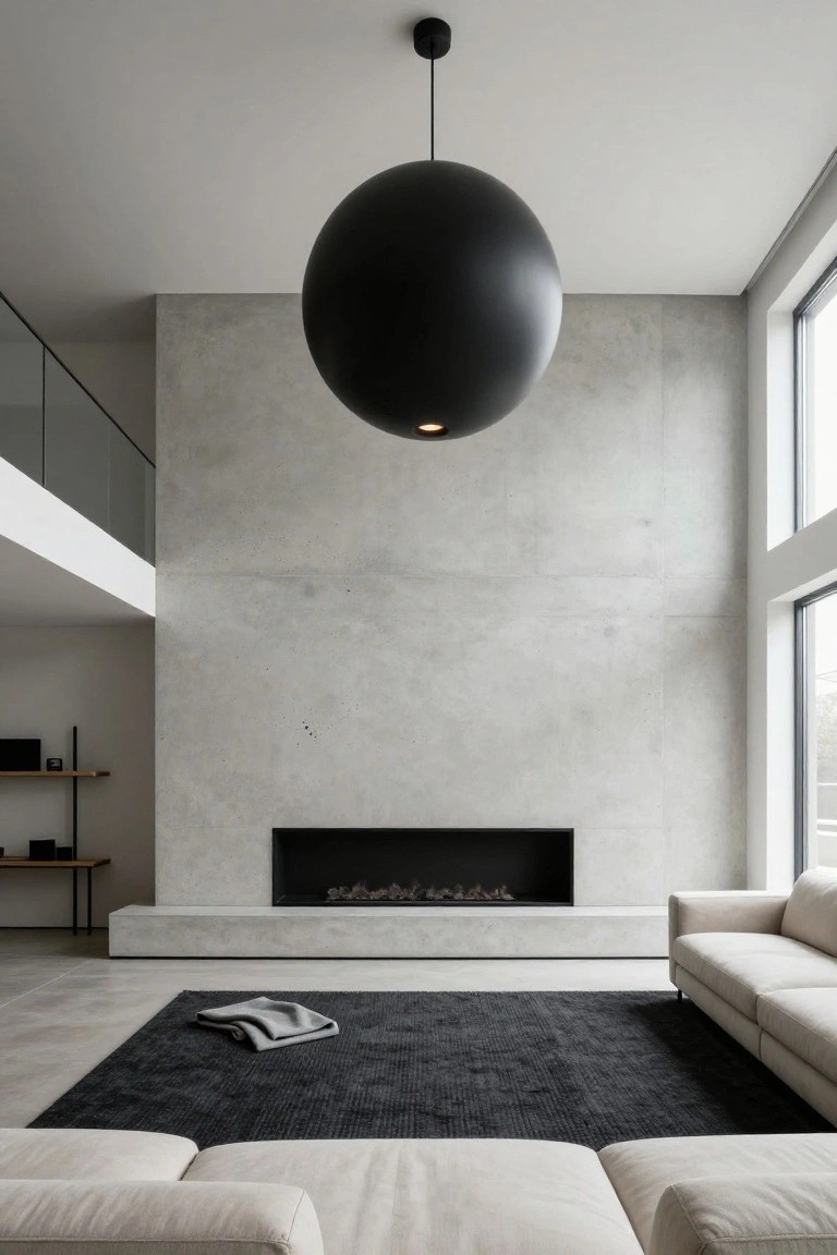 Spacious modern living room with high ceilings, large black spherical pendant light hanging centrally over beige sofas on a black rug, concrete accent wall with built-in linear fireplace, wooden shelves, and tall windows.