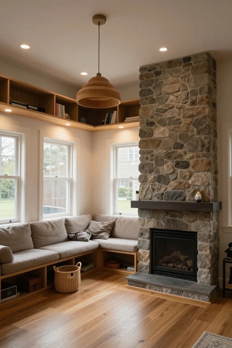 High-ceilinged living room corner with large hanging woven wood pendant light, recessed ceiling lights, tall stone fireplace with gas insert, built-in gray fabric window seat sofa, wood bookshelves, wicker basket on floor, and large windows showing yard outside.