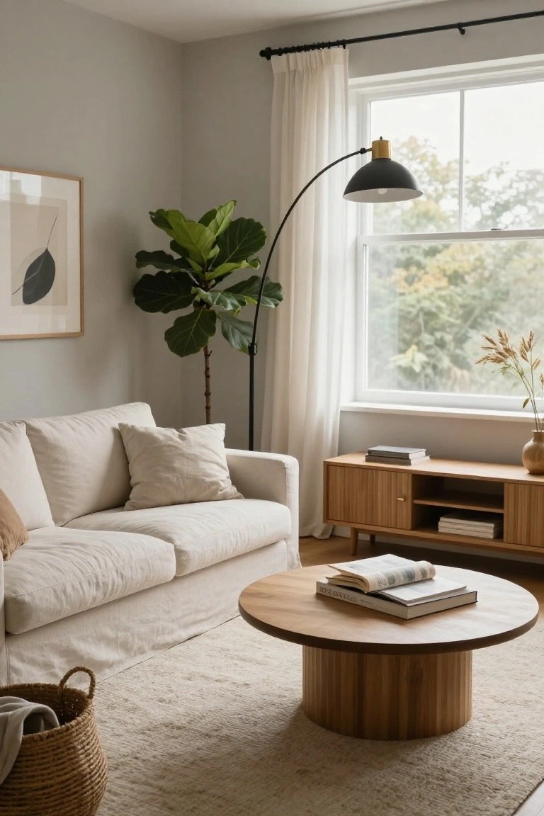 Light gray living room featuring a cream linen sofa, wooden coffee table and media unit, large fiddle leaf fig plant, arched floor lamp with gold base and black shade, sheer curtains on a window, and neutral rug.