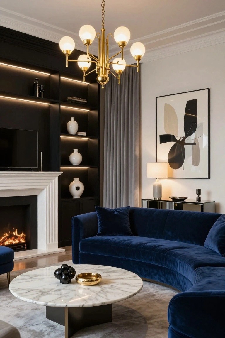 Modern living room interior with navy curved velvet sofa, marble coffee table, lit white marble fireplace, black backlit shelving unit holding white vases and books, large brass chandelier with six white globe shades, gray curtains, table lamp, and abstract black-and-white wall art.