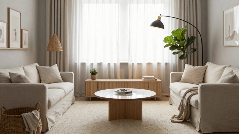 Light gray living room featuring a cream linen sofa, wooden coffee table and media unit, large fiddle leaf fig plant, arched floor lamp with gold base and black shade, sheer curtains on a window, and neutral rug.