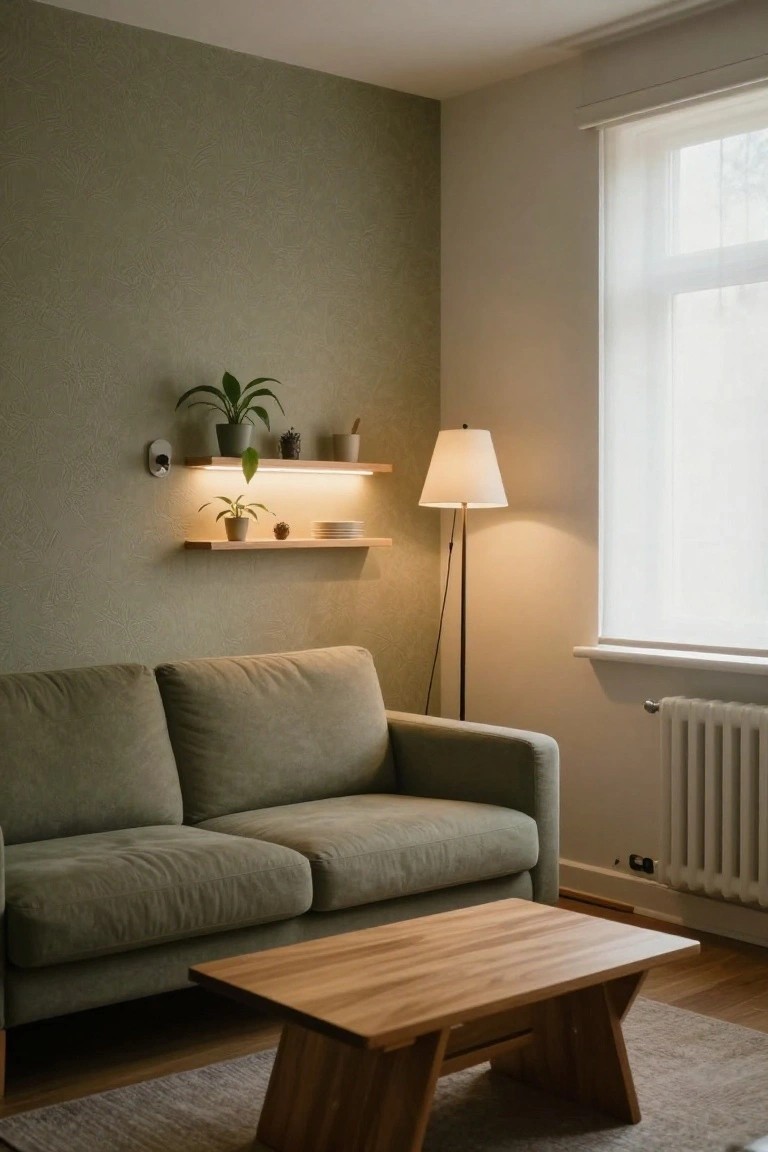 A living room corner with green textured walls, floating wooden shelves holding plants and dishes with LED underlighting, a green sofa, wooden coffee table, tall floor lamp, and window with sheer curtains next to a white radiator.