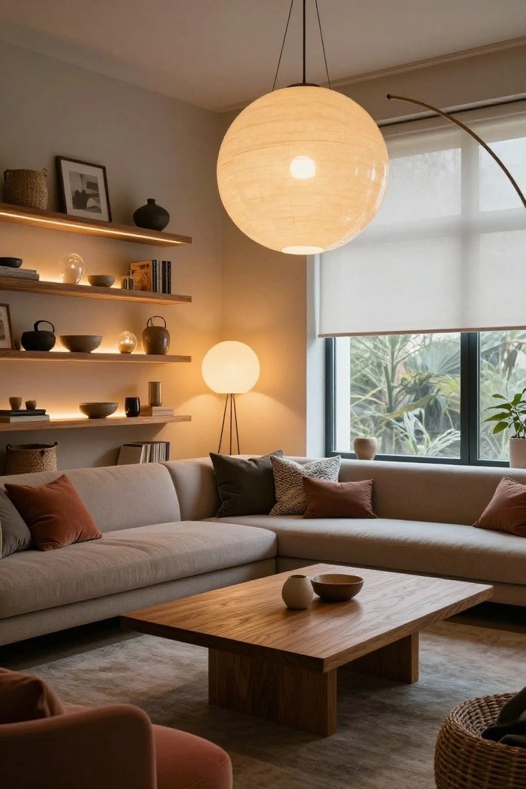 Modern living room featuring a large beige linen sofa, low wooden coffee table, floating wooden shelves with underlighting, oversized paper pendant lamp, tripod floor lamps, and a large window with sheer roller blinds showing tropical plants outside.