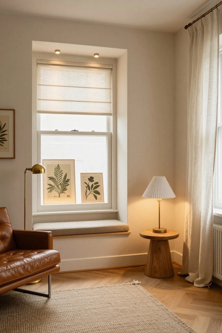 Living room corner with brown leather armchair by a window seat, botanical prints on walls and window, lit brass floor lamp, small wooden side table with white shade lamp, sheer curtains, recessed ceiling lights, beige rug, and parquet floor.