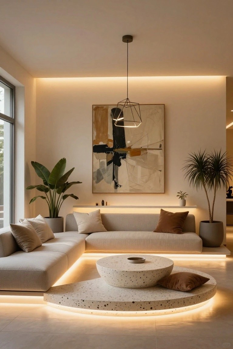 Modern living room with L-shaped beige sofa on illuminated platform, round pebble-textured coffee table, potted plants, abstract painting, and warm LED strip lighting under furniture edges and ceiling cove.