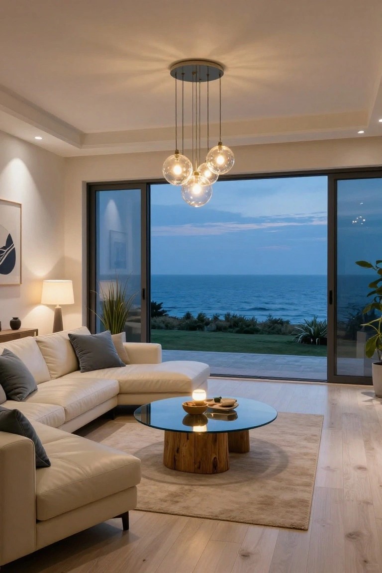 Modern living room featuring a white L-shaped sofa, round glass coffee table on wooden base, multi-globe pendant light fixture hanging from the ceiling, table lamps, potted plants, and floor-to-ceiling sliding doors with ocean view at dusk.