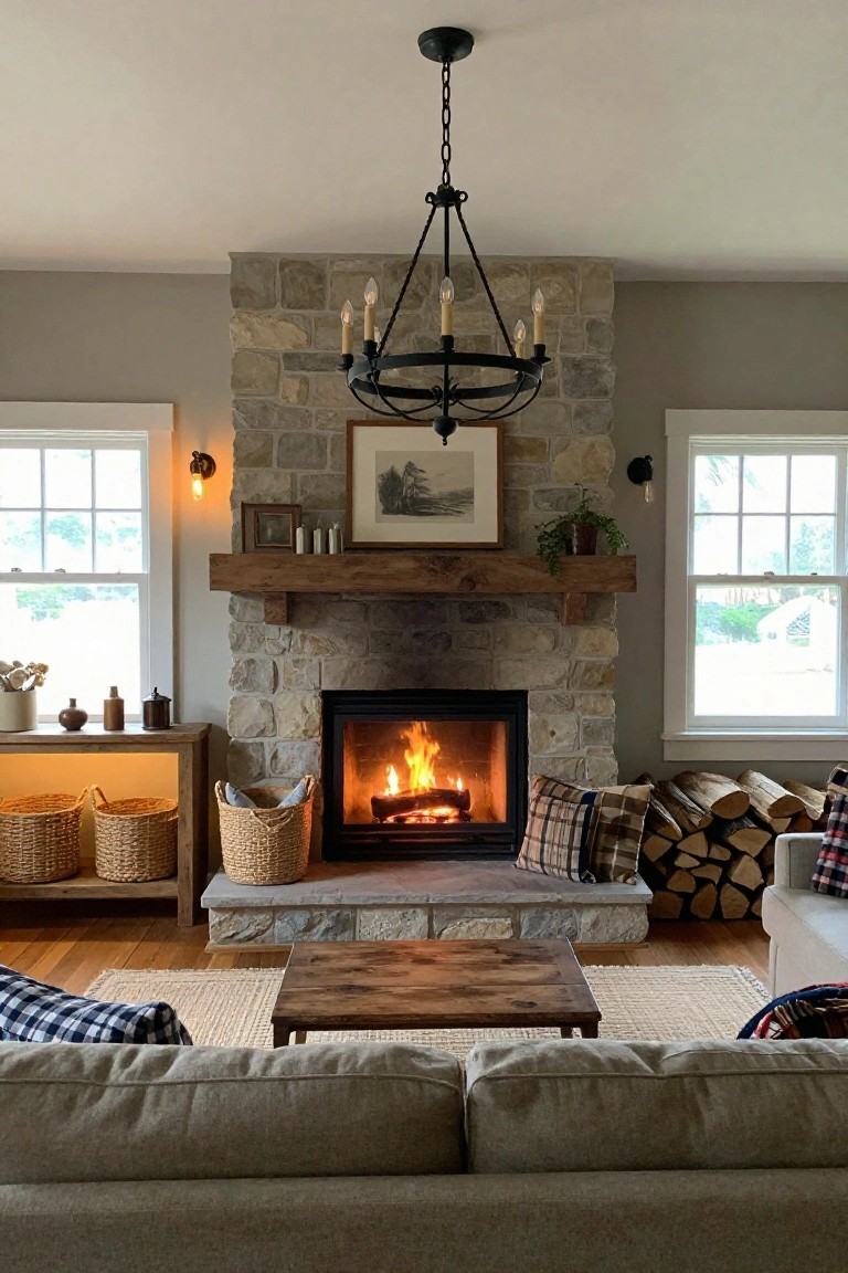 Living room with gray stone fireplace burning brightly, rustic black iron seven-light chandelier centered above the wooden mantel, beige sofa facing it, plaid pillows and firewood stack nearby, wall sconces lit beside white-framed windows.