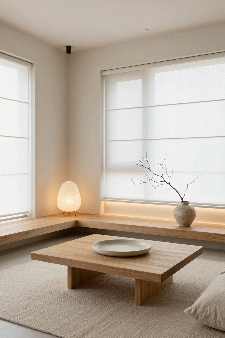 Corner of a minimalist living room with light wood built-in bench by large windows covered in sheer horizontal blinds, beige rice paper floor lamp on tripod base, square wooden low table holding white plate, beige vase with branches on bench, and beige rug on floor.