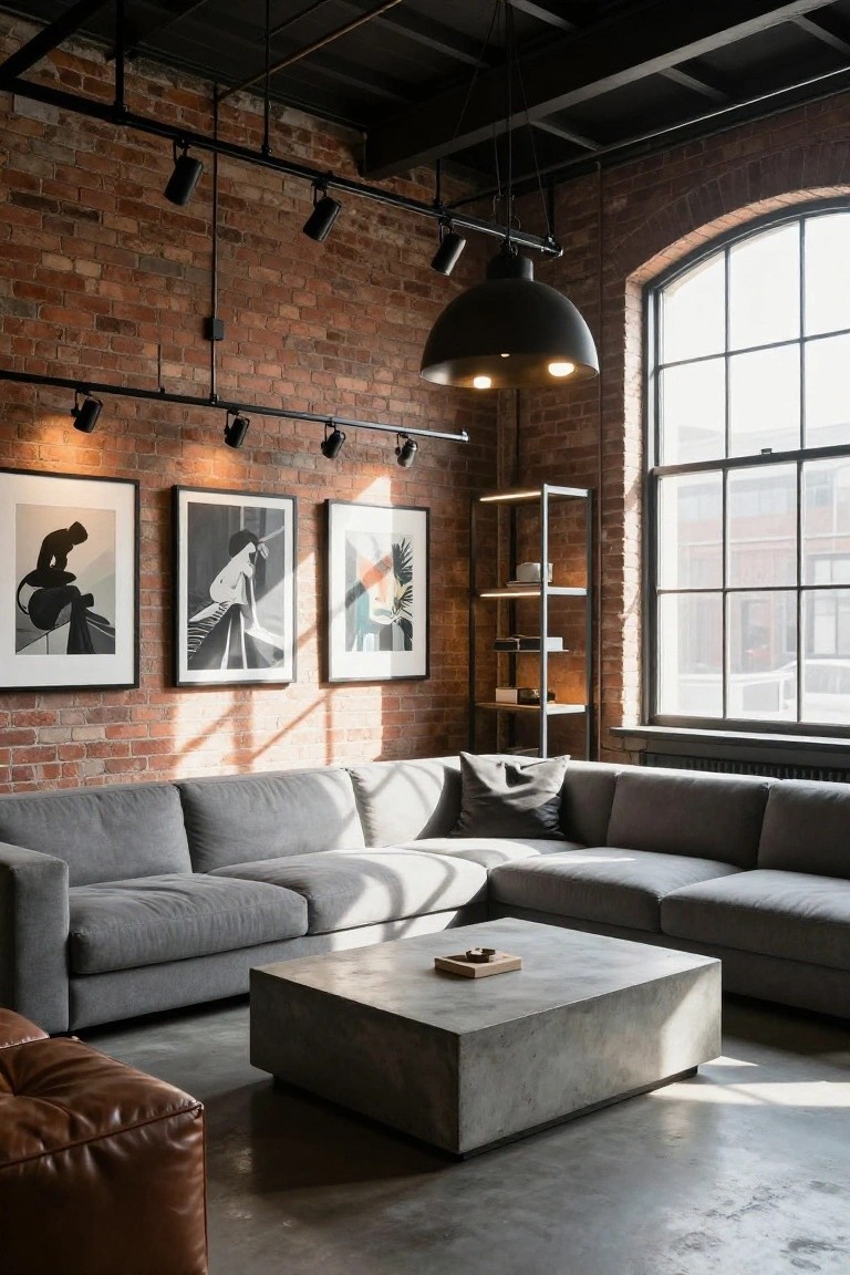 Industrial-style living room with exposed brick walls, linear black track lighting and spotlights along the wall highlighting black-framed artwork, gray L-shaped sectional sofa, concrete coffee table, brown leather pouf, metal bookshelf, large black pendant light, and tall arched window.