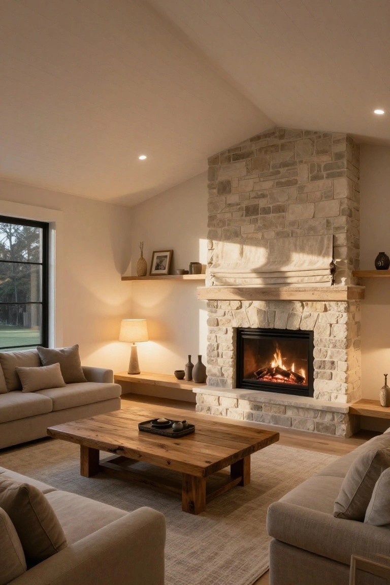 Living room interior featuring a tall beige stone fireplace with lit gas flames, light gray sofas around a wooden coffee table, table lamps, wooden shelves with pottery, and large windows showing trees outside.