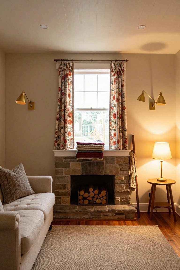 Living room with cream sofa facing stone fireplace stocked with firewood, gold swing-arm wall sconces flanking window with floral curtains and stacked blankets on sill, table lamp on wooden side table, and round seagrass rug on hardwood floor.