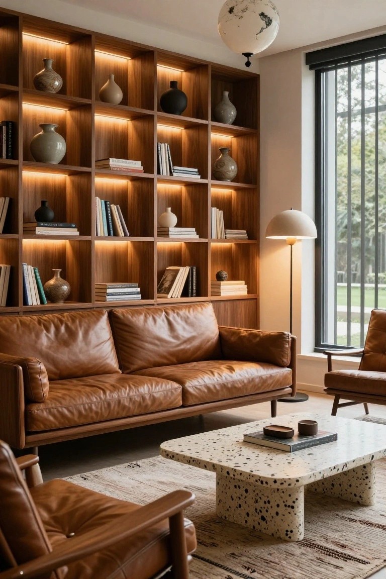 Modern living room with tall wooden bookshelves featuring LED backlighting, tan leather sofa and chairs, speckled white coffee table, cream floor lamp, pendant globe light, and window with blinds overlooking greenery.