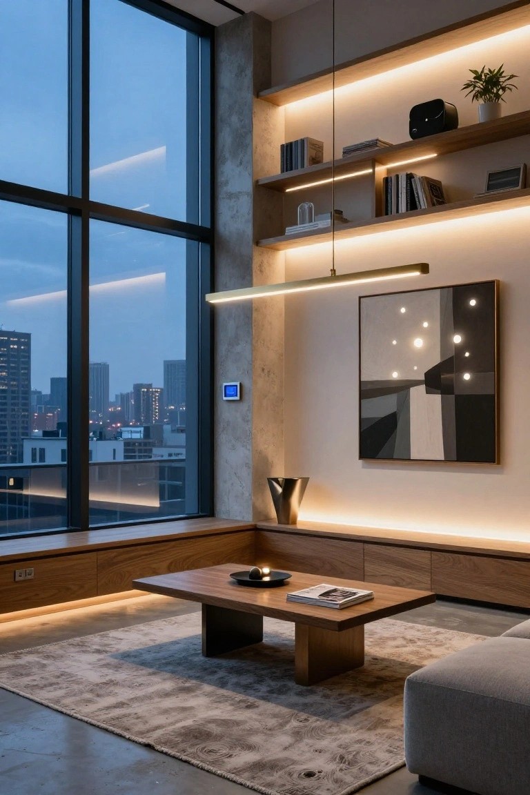 Modern living room with floor-to-ceiling windows showing city skyline at dusk, wooden shelves lit by integrated LED strips, low wooden coffee table with books and candle on a textured rug, and corner gray sofa.