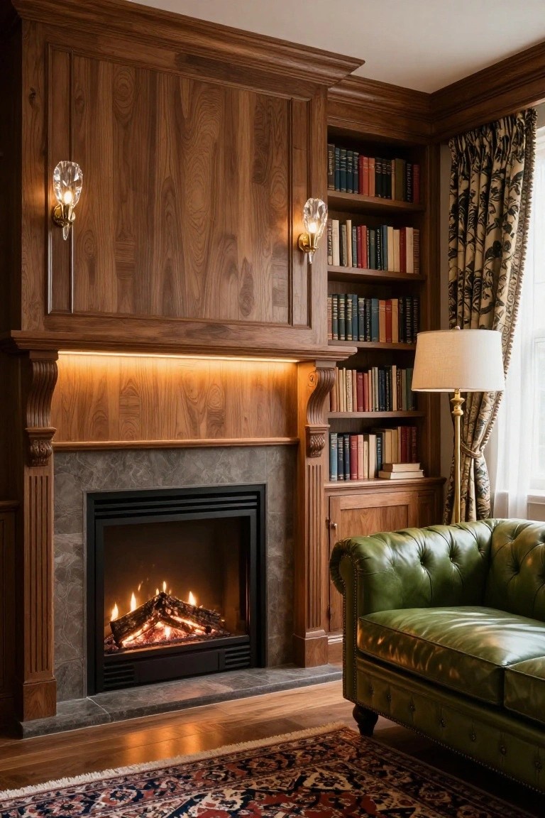 Wood-paneled living room corner with built-in bookshelves, a lit gas fireplace, two crystal wall sconces, a green leather armchair, a table lamp next to patterned curtains, hardwood floors, and an Oriental rug.