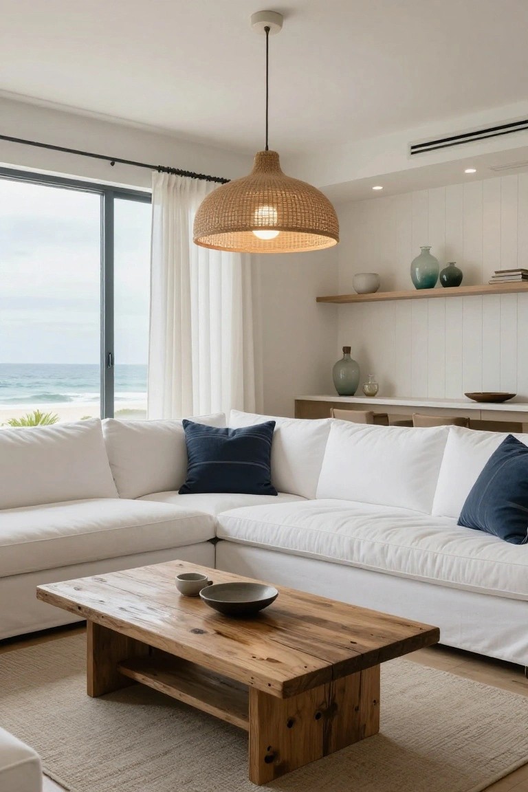 Bright living room with white L-shaped sofa, wooden coffee table, woven rattan pendant light overhead, white shelves with ceramics, and ocean view through large window with white curtains.