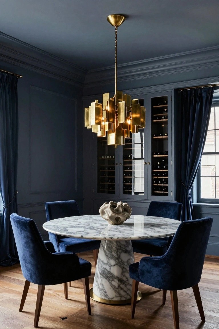 Navy blue dining room with geometric gold chandelier over round white marble pedestal table, blue velvet chairs, and built-in wine storage cabinet.