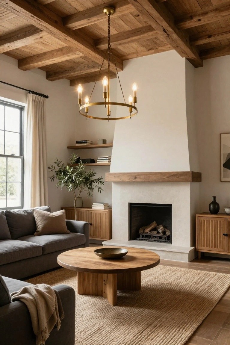 Living room with vaulted wooden beam ceiling, brass hoop chandelier with five lit bulbs, gray sofa, round wooden coffee table, beige seagrass rug, and white fireplace with wood mantel.
