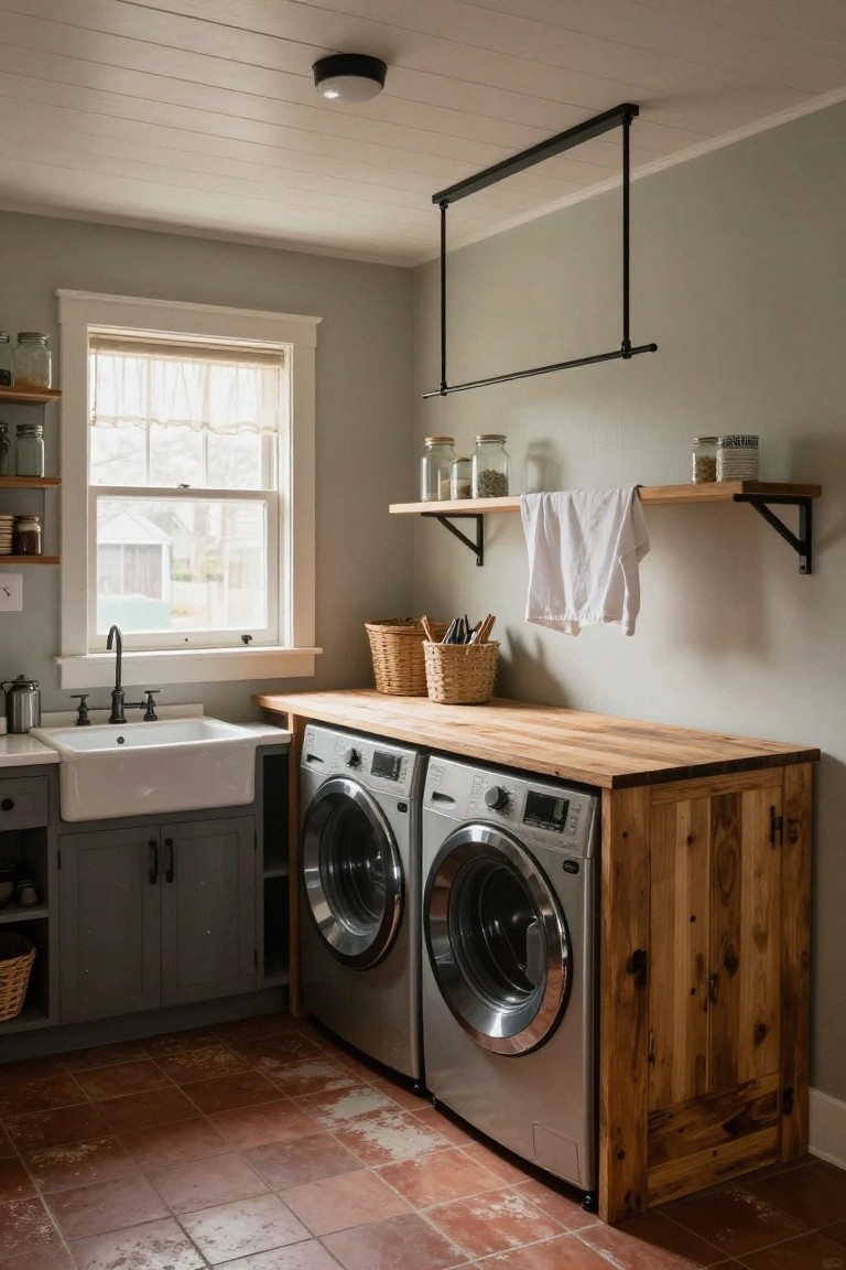 Laundry room interior with light gray walls, wood-plank ceiling with central black light fixture, black metal drying rack hanging from ceiling, floating wood shelves stocked with jars, white farmhouse sink on wood counter, gray cabinets, two front-loading silver washers in wooden base cabinet with butcher block top, and terracotta tile floor.