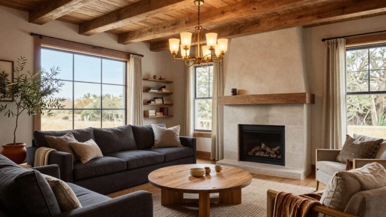 Living room with vaulted wooden beam ceiling, brass hoop chandelier with five lit bulbs, gray sofa, round wooden coffee table, beige seagrass rug, and white fireplace with wood mantel.