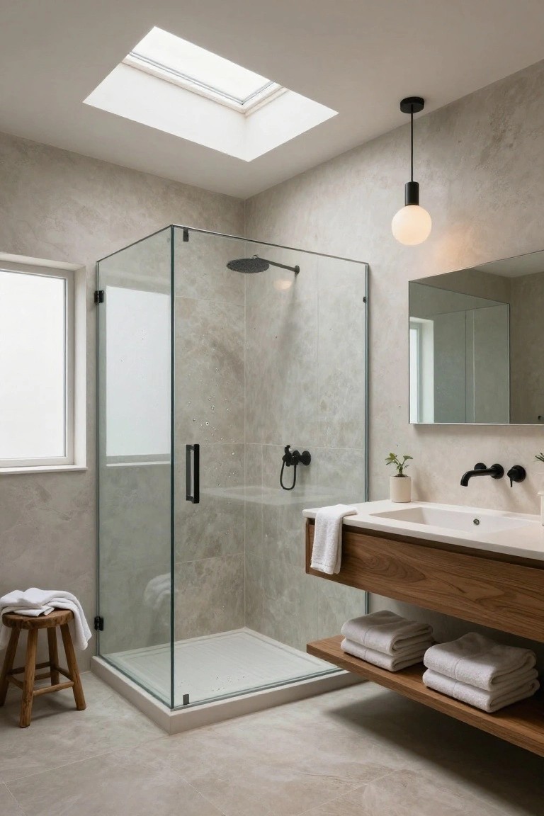 Contemporary bathroom interior with textured gray walls, corner glass shower enclosure, floating wooden vanity and sink with black faucet, white towels on shelves and stool, pendant light with white globe shade hanging from ceiling near skylight, and potted plant.