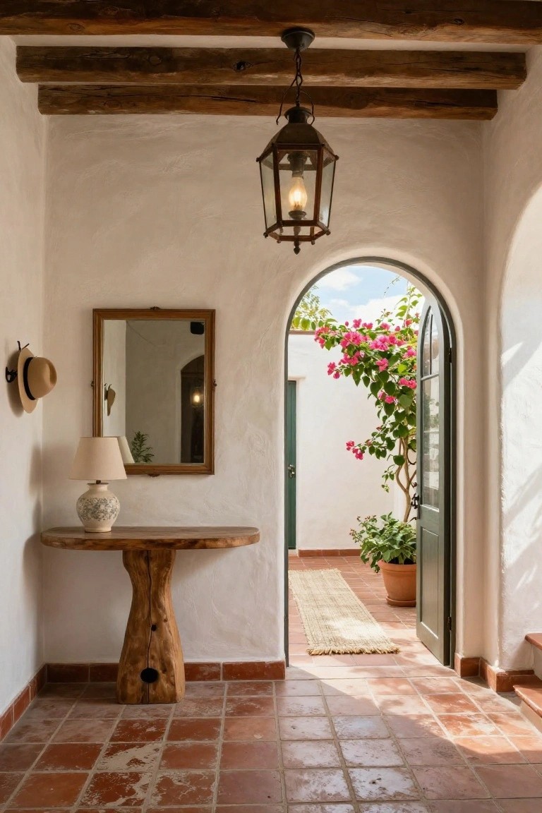 White-walled entry hall with terracotta tile floor, exposed wooden beam ceiling, centered hanging lantern light, wooden console table with ceramic lamp and mirror beside a hat on the wall, and open arched green door to outdoor patio with pink bougainvillea vines and potted plants.