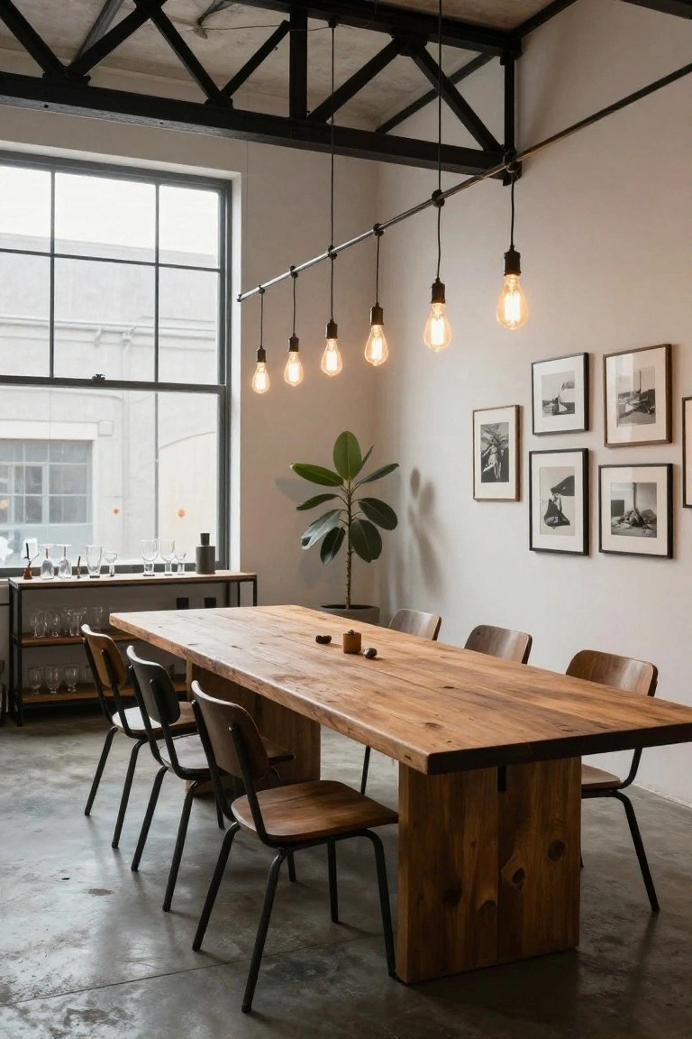 Industrial interior with long wooden dining table and chairs, row of hanging exposed-bulb pendants from ceiling track and beams, large windows, sideboard with glassware, potted plant, and black-and-white framed photos on white wall.