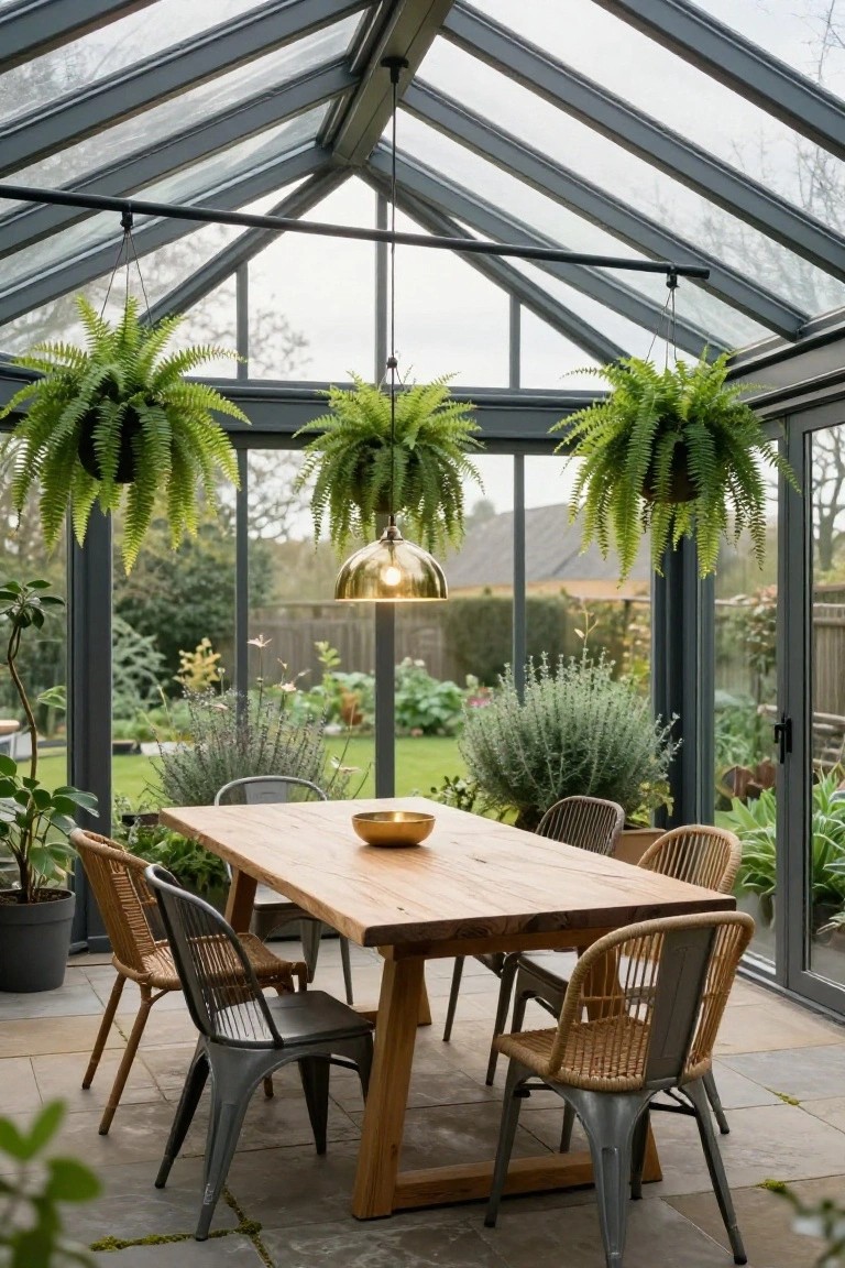 Glass conservatory with vaulted ceiling, wooden dining table, mixed rattan and metal chairs, hanging ferns and brass pendant lights above the table, garden visible through windows.
