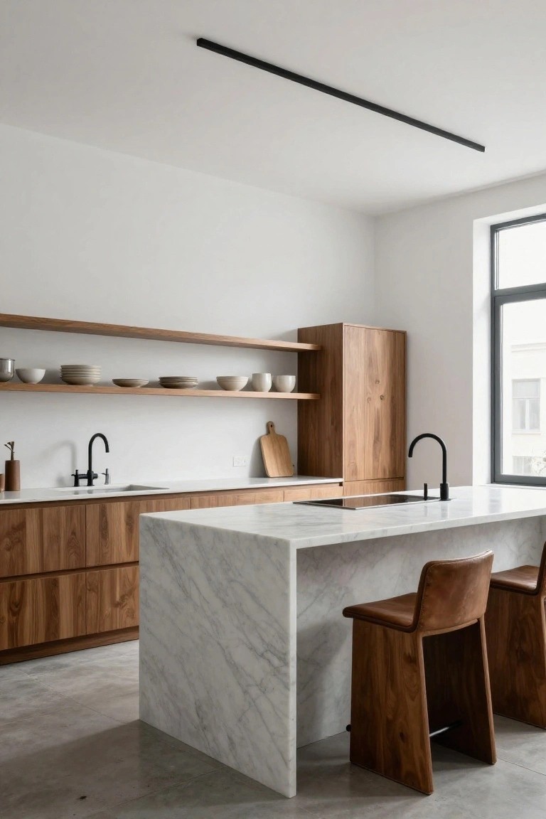 Modern kitchen interior featuring walnut wood cabinets and open shelves, white marble island countertop with two brown leather bar stools, black faucets and sink, ceramic dishware on shelves, polished concrete floor, large window, and thin black linear ceiling light fixture.
