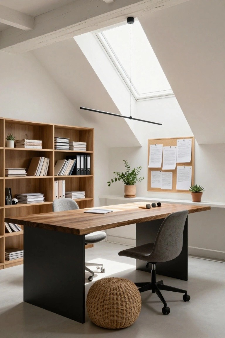 Attic home office under vaulted ceiling with skylight, oak bookshelves filled with books and files, wooden desk with black legs, gray fabric chair on casters, woven pouf stool, corkboard on wall, potted plants, and long black linear pendant light suspended above desk.