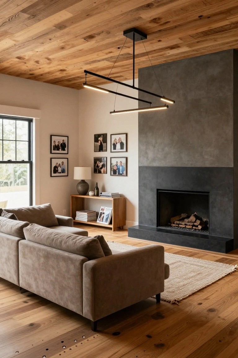 Living room with vaulted ceiling of exposed wood beams, black linear LED pendant light hanging above a beige sofa, wood console table with lamp and books, and dark stone fireplace with logs burning.