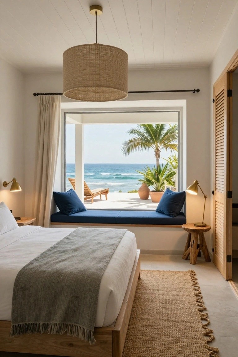 A white bedroom with wooden beamed ceiling and large hanging seagrass drum pendant light over a low wooden bed, featuring a window seat bench overlooking palm trees, ocean waves, and a terrace with lounge chair.