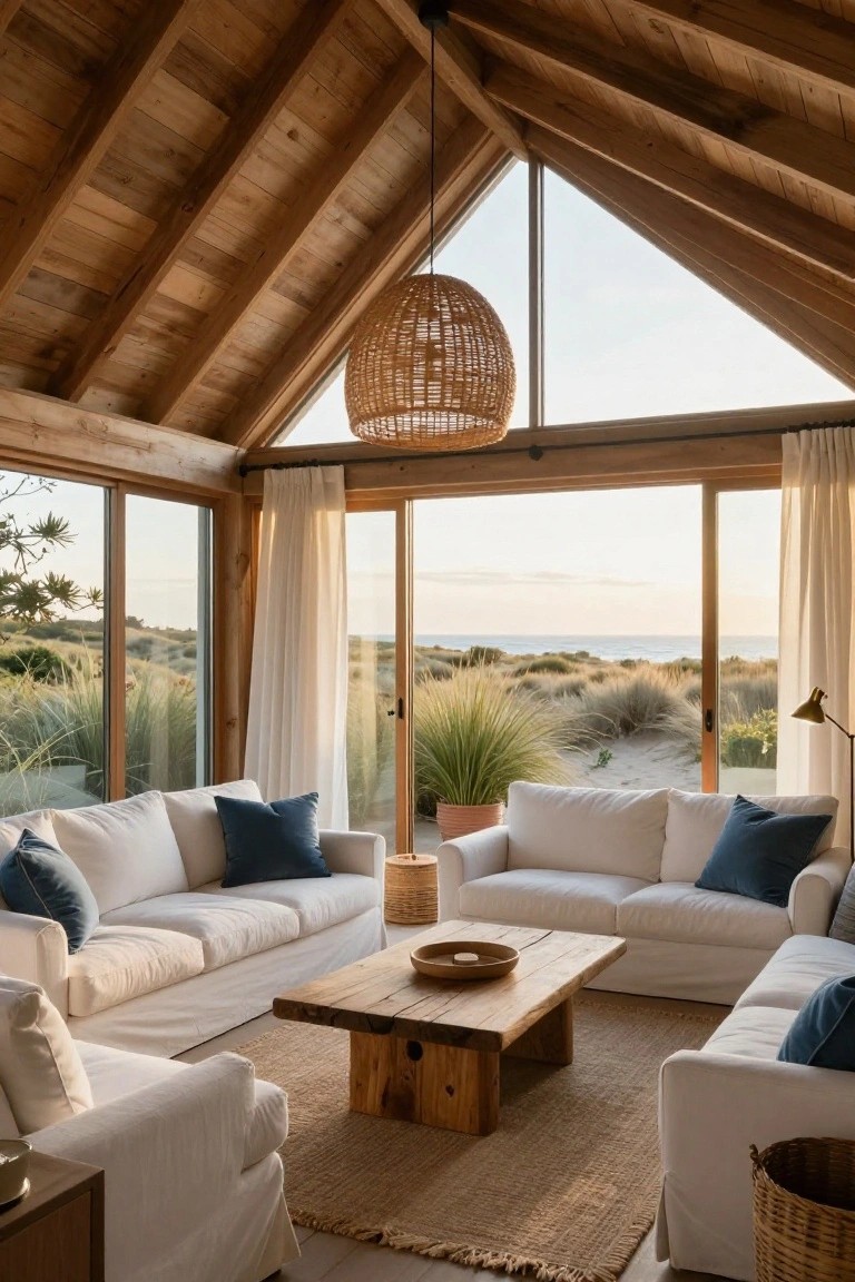 Living room with high vaulted wooden ceiling, large hanging woven rattan pendant light, white slipcovered sofas around wooden coffee table, potted plants, and sliding glass doors to dune landscape and ocean.