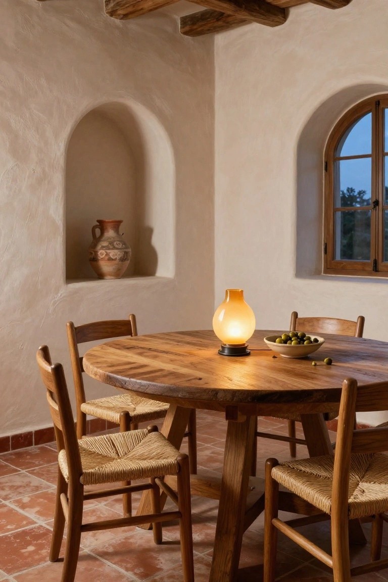 Round wooden dining table with four wooden and rush-seat chairs in a beige adobe-walled room, centered with a glowing amber glass lamp on a black base and a white bowl of green olives, beside a wall niche holding a patterned terracotta vase and an arched window.