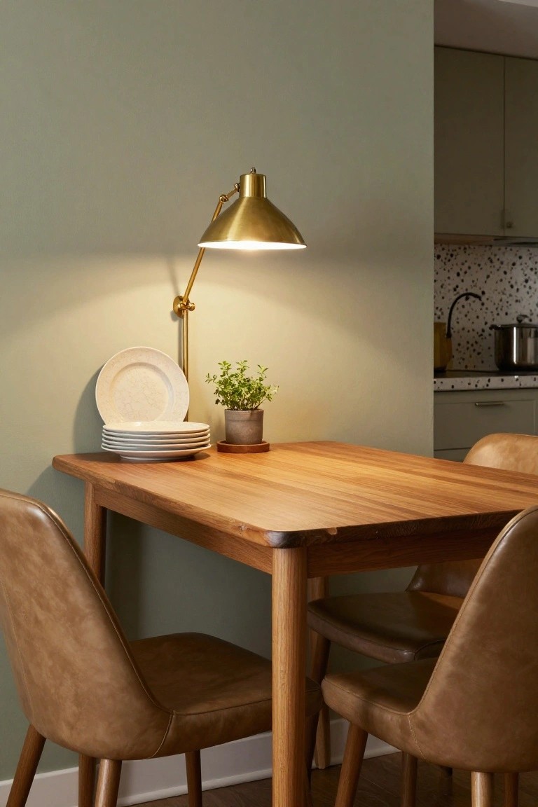 Wooden dining table with tan leather chairs in a sage green room, lit by an adjustable brass wall lamp, stacked white plates and potted herb plant on the table edge, kitchen visible behind.