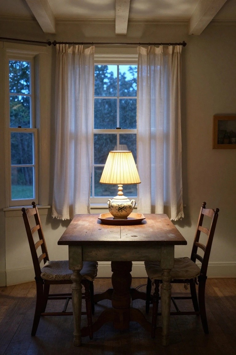 Square wooden dining table with central ceramic lamp on a tray, flanked by two wooden chairs with cushions, in a room with sheer curtains over large windows showing trees at evening dusk.