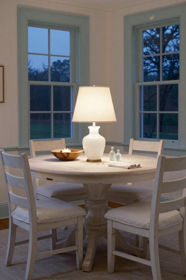 Corner dining room with round whitewashed pedestal table centered under tall white ceramic lamp with fabric shade, wooden bowl containing lit candle, two small glass bottles, folded napkin and open notebook, four white ladder-back chairs with cushions, pale walls, large multipaned windows with blue trim showing trees at dusk.