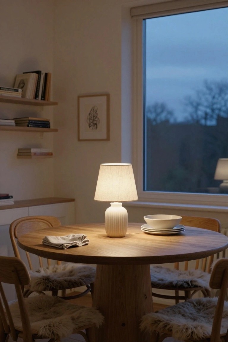 A white ceramic table lamp with pleated fabric shade centered on a round oak dining table set with white plates and a napkin, surrounded by wooden chairs with sheepskin cushions in a beige room with bookshelves and a large window at dusk.