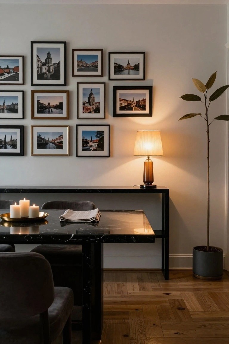 Modern dining room corner with black marble console table holding lit white candles in gold tray and tall lamp with amber glass base and white fabric shade, black metal frame, velvet chairs at matching table, wall of black and wood-framed photos of city architecture, tall potted plant in gray pot, and herringbone wood floor.