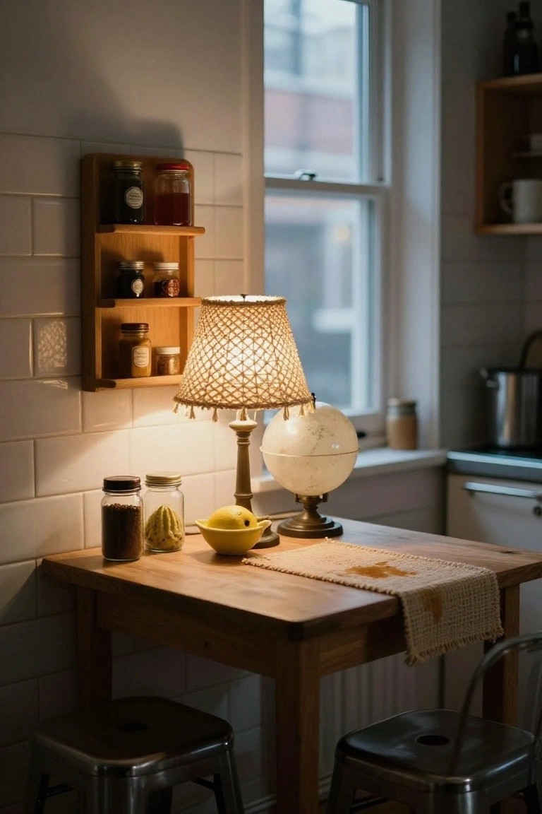 Small wooden dining table in a kitchen nook lit by a crocheted lampshade lamp on a white globe base, with jars of spices and lemons on the table and wall rack nearby, metal stools, and tiled walls.